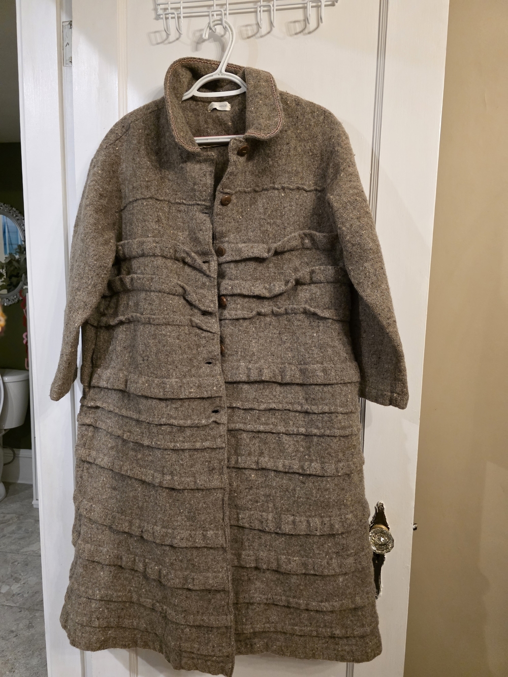Classic Taupe Ruffle-Detail Wool Trench Coat